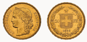 Schweiz 1888
SCHWEIZ. Eidgenossenschaft 20 Franken 1888 B, Bern. 6.45 g. Divo 107. HMZ 2-1194d. Fr. 497. Prachtvolle Erhaltung, winziger Kratzer / Ma...