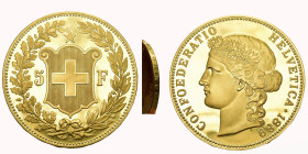 Schweiz 1889
SCHWEIZ. Eidgenossenschaft 5 Franken 1889 Abschlag in Gold, vermutlich ein Modernernerer Goldabschlag um 1900 in 999.9 Feingold 50.6g KM...