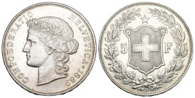 Schweiz 1889
SCHWEIZ. Eidgenossenschaft 5 Franken 1889 B, Bern. Divo 112. HMZ 2-1198b. Vorzüglich bis unzirkuliert