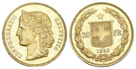 Schweiz 1893
SCHWEIZ. Eidgenossenschaft 20 Franken Helvetia Gold HMZ 2-1194i selten vorzüglich +