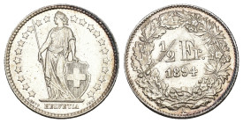 Schweiz 1894
SCHWEIZ. Eidgenossenschaft 1/2 Franken 1894 Silber 2.5g KM 23 fast FDC