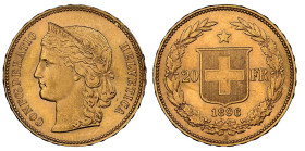 Schweiz 1896
SCHWEIZ. Eidgenossenschaft 20 Franken 1896 Helvetia Gold KM 31.3. 6.45g Prachtexemplar NGC MS 64 fast Stgl Cert No: 2890176-006