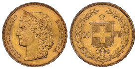 Schweiz 1896
SCHWEIZ. Eidgenossenschaft 20 Franken 1896 Helvetia 6.45g Prachtexemplar NGC MS 63 fast FDC Cert.No: 2890176-005