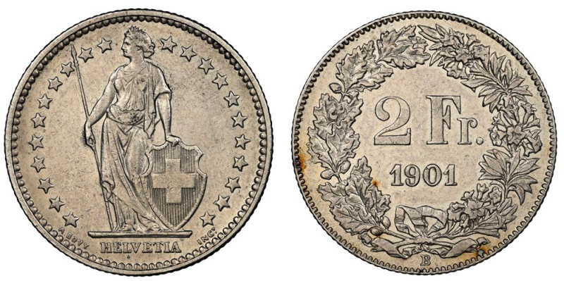 Schweiz 1901
SCHWEIZ. Eidgenossenschaft 2 Franken 1901 B, Bern. 9.99 g. Divo 19...