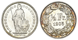 Schweiz 1905
SCHWEIZ. Eidgenossenschaft 1/2 Franken 1905 in Silber 2.5g KM 23 Topqualität fast FDC