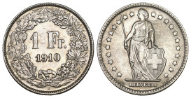 Schweiz 1910
SCHWEIZ. Eidgenossenschaft 1 Franken 1910 B, Bern Silber 5g KM 24 fast unzirkuliert