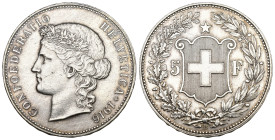 Schweiz 1916
SCHWEIZ. Eidgenossenschaft 5 Franken 1916 B, Bern. 25.00 g. Divo 317. HMZ 2-1198o. Selten minimal berieben bis vorzüglich