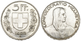 Schweiz 1922
SCHWEIZ. Eidgenossenschaft 5 Franken 1922 B, Bern. 25.00 g. Divo 350. HMZ 2-1199a. Prachtvolle Erhaltung unzirkuliert
