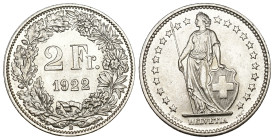 Schweiz 1922
SCHWEIZ. Eidgenossenschaft 2 Franken 1922 B, Bern 10g Divo 266. HMZ 2-1202 bis unzirkuliert