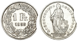 Schweiz 1955 Abart
SCHWEIZ. Eidgenossenschaft 1 Franken 1955 Silber KM 24 Abart mit Zainende vorzüglich