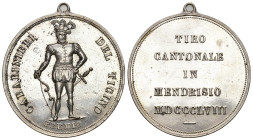 Mendrisio 1858
TESSIN Silbermedaille 1858. Mendriso. Tiro cantonale. 10.85 g. Richter (Schützenmedaillen) 1356b. Sehr selten fast FDC
