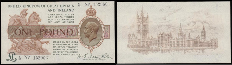 One Pound Warren Fisher T24 issued 1919 first prefix K/23 152966 AU
Estimate: G...