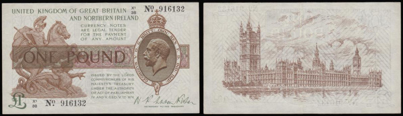 One Pound Warren Fisher T34 issued 1927, last series X1/38 916132, No. with dot,...