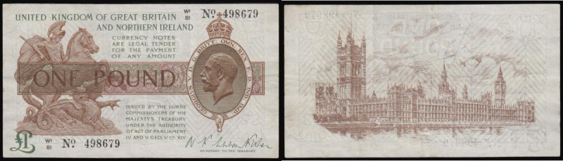 One Pound Warren Fisher T34 issued 1927, series W1/81 498679, No. with dot, port...