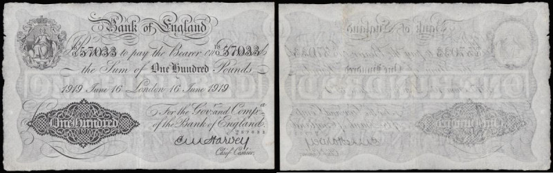 One Hundred Pounds Harvey white B209e London dated 16th June 1919 18/O 57033, pr...