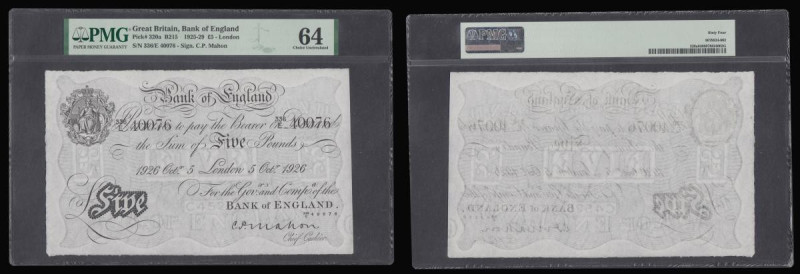 Five Pounds Mahon white B215 dated 5th Oct. 1926 serial 336/E 40076, Choice Unci...