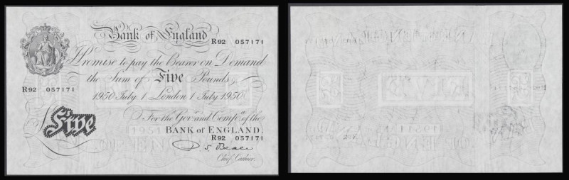 Five Pounds Beale white B270 dated 1st July 1950, R92 057171, about UNC to Unc
...