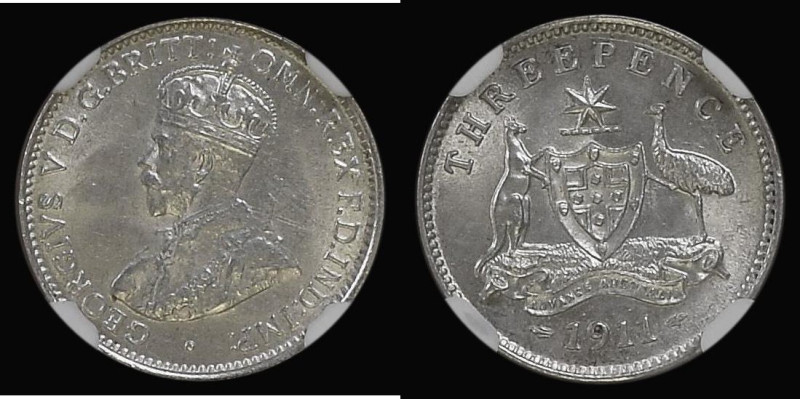 Australia Threepence 1911 KM#24 NGC MS62, scarce in this high grade
Estimate: G...