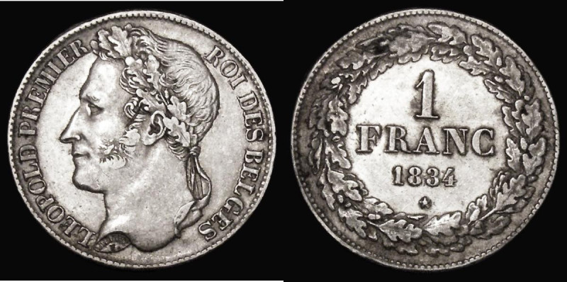 Belgium One Franc 1834 KM#7.1 GVF the obverse with a contact mark to the left of...