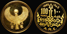 Egypt &pound;100 Gold 1985 Reverse: The Golden Falcon, Gold Proof KM#569 nFDC with minor toning, retaining almost full original mint brilliance
Estim...