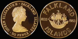 Falkland Islands Fifty Pence 1983 150th Anniversary of British Rule KM#19b, an impressive issue weighing 47.54 grammes (AGW 1.4oz.) in an NGC holder a...