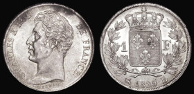 France One Franc 1829B Rouen Mint KM#724.2 UNC and lustrous, the obverse with minor cabinet friction and some small areas of darker toning near the ri...