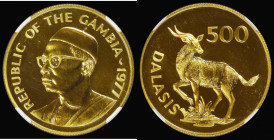 Gambia 500 Dalasis Gold 1977 World Conservation Series Obverse: Bust of President Dawda Jawara, Reverse: Sitatunga KM#19.Weight 33.43 grammes. NGC MS6...