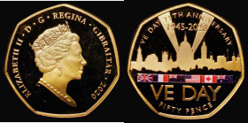 Gibraltar Fifty Pence 2020 75th Anniversary of VE Day Gold Proof 8.3 grammes of gold, the reverse with coloured flags, nFDC with some minor hairlines,...