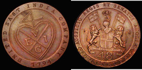 India - Madras Presidency 1/48 Rupee 1794 Plain edge, Mule with COMPAN ribbon, 4 points to right edge of the E in ONE, KM#395 GVF and pleasing, a rare...
