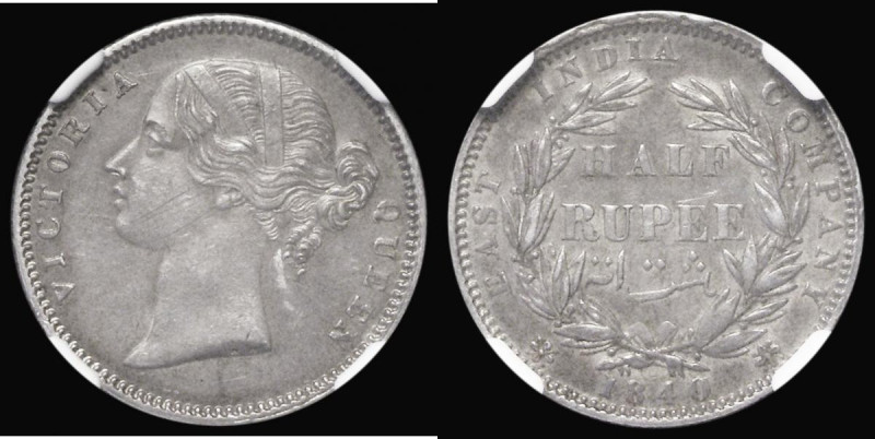 India Half Rupee 1840 (B&C) Legend divided by bust, .W.W incuse on bust, KM#456....