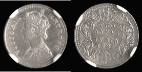 India Two Annas 1882 Bombay Mint, Bust B (3 1/2 Panels), Type II Reverse KM#488, on an NGC holder and graded MS61
Estimate: GBP 200 - 300