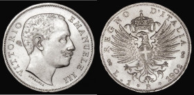 Italy One Lira 1902R KM#32 UNC and almost fully lustrous, with a small area of minor discoloration behind the bust, very seldom seen in this high grad...