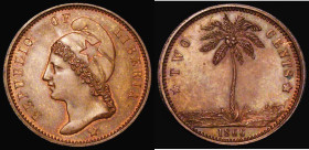 Liberia Two Cents 1866 Pattern in Copper KM#Pn13 Die Axis upright, nFDC the obverse nicely toned with traces of lustre, the reverse toned with much un...