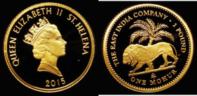 St. Helena One Pound/Mohur 2015 Gold Proof, the reverse a modern representation in the style of the 'Lion and palm tree' India Gold Mohur design used ...