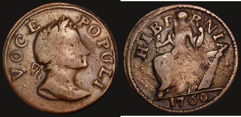 USA/Ireland Halfpenny 1760 VOCE POPULI 60 over 00, Tail added to first 0 to make...