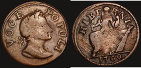 USA/Ireland Halfpenny 1760 VOCE POPULI 60 over 00, Tail added to first 0 to make a 6, double struck V in VOCE, head divides HIBERNIA after E, Breen 23...