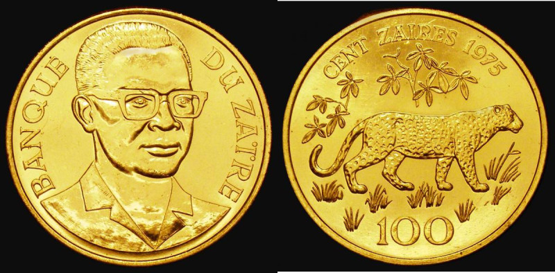 Zaire 100 Zaires Gold 1975 Conservation series - Reverse: Leopard, KM#11 UNC and...