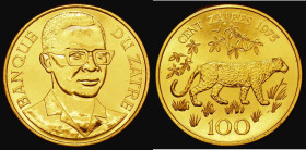 Zaire 100 Zaires Gold 1975 Conservation series - Reverse: Leopard, KM#11 UNC and lustrous with some contact marks and hairlines, Rare with only 1415 p...