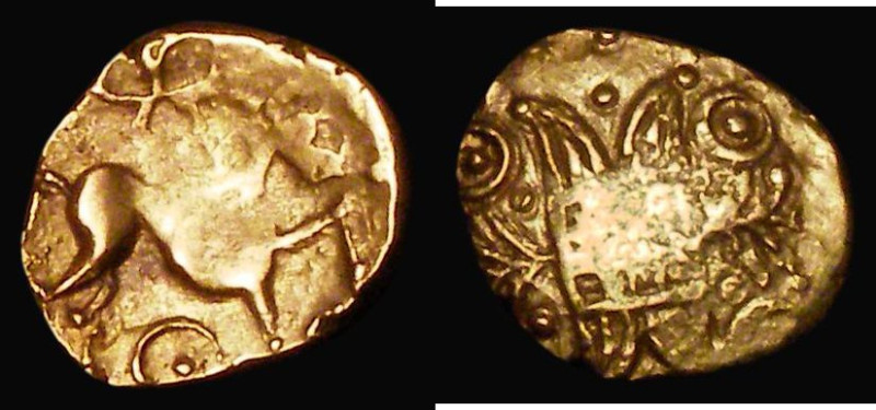 Celtic Gold Quarter Stater Iceni, Irstead type, Obverse: Latticed square design,...