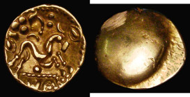 Celtic Gold Stater Gallo-Belgic issue 15-16mm diameter, Ambiani (c.60-50BC) Gallic War issue, uninscribed coinage, uniface, Obverse: Horse right, with...