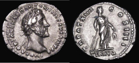 Roman Denarius Antoninus Pius (138-161AD). Obverse: Laureate head right IMP CAES T AEL HADR ANTONINVS AVG PIVS P P, Reverse: Tranquilas standing right...
