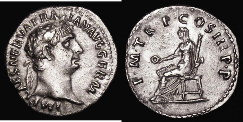 Roman Denarius Trajan (100AD) Obverse: Laureate head right, IMP CAES NERVA TRAIA...