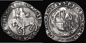 Halfcrown Charles I Group III, Third Horseman, type 3a1, No caparisons on horse, King wear scarf flying from waist, Reverse: Oval garnished shield, S....