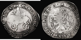 Halfcrown Charles I Group III, Third Horseman, type 3a1, No caparisons on horse, King wearing scarf flying from waist, Reverse: Oval garnished shield,...