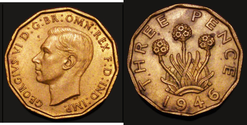 Brass Threepence 1946 Peck 2388 NEF with some dark tone spots, Rare
Estimate: G...