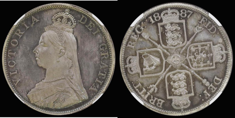 Double Florin 1887 Roman 1 Proof with Davies Obverse 2 (Cross on Crown points to...