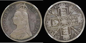 Double Florin 1887 Roman 1 Proof with Davies Obverse 2 (Cross on Crown points to a space). This obverse is normally paired with the Arabic 1 Reverse, ...