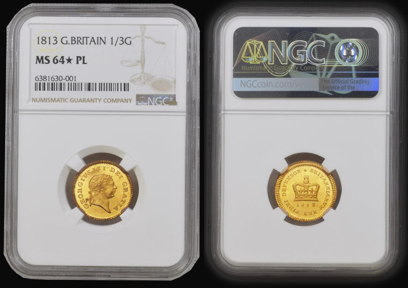 Third Guinea 1813 S.3740 in an NGC holder and graded MS64* PL, the bust and reve...