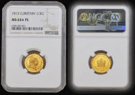 Third Guinea 1813 S.3740 in an NGC holder and graded MS64* PL, the bust and reverse design frosted, a superb example with choice eye appeal, coins wit...