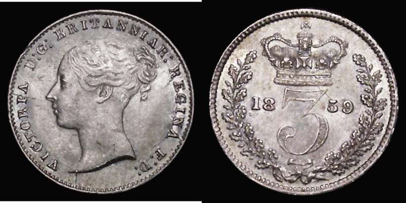 Threepence 1859 Obverse 1 with top of Queen's ear visible, variety with Obverse ...